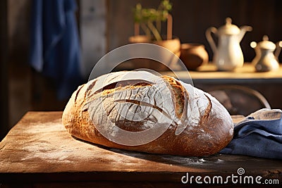 a large loaf of bread is sitting on a wooden board Stock Photo