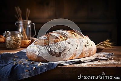 a large loaf of bread is sitting on a wooden board Stock Photo