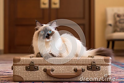 large long haired ragdoll cat sitting on a suitcase Stock Photo