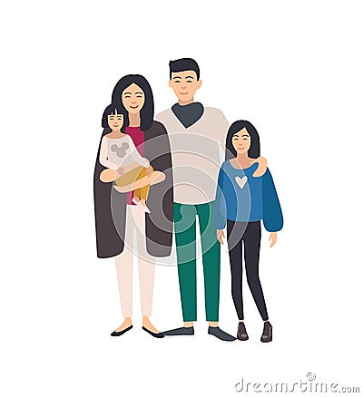 Large loving asian family. Father, mother holding toddler and teenage daughter standing together. Beautiful flat cartoon Vector Illustration