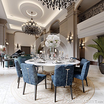 Large luxurious dining table in the large living room with high ceilings in a modern classic style with blue chairs and a white Stock Photo