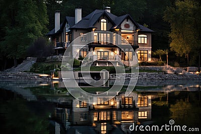 A large, luxurious house on the edge of a lake, two stories with a steep roof and multiple chimneys, made of stone and wood, with Stock Photo