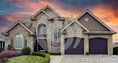 Large Luxury Designer Home Exterior Canada Brick Stone House Roofing Front View Stock Photo