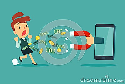 large magnet from smart phone screen attract money from a businesswoman Vector Illustration