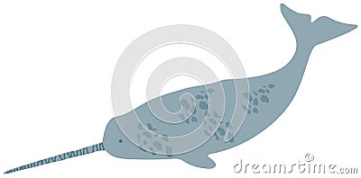 Large marine mammal, whale with long horn. Narwhal, dangerous ocean animal, predatory fish Vector Illustration