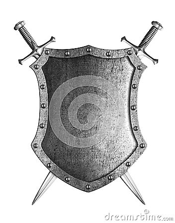 Large medieval shield with two crossed swords coat of arms Stock Photo