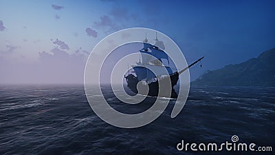 A large medieval ship in the sea in the fog floats to a desert rocky island. 3D Rendering Stock Photo