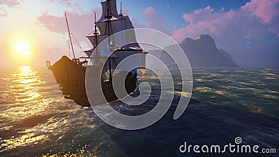 A large medieval ship at sea at sunrise. An ancient medieval ship sails to a deserted rocky island. 3D Rendering Stock Photo