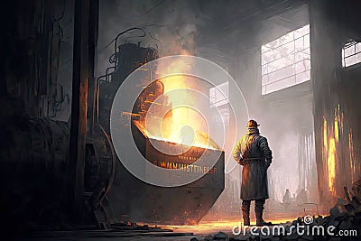 Large melting furnace in workshop of foundry industry and worker standing next Stock Photo