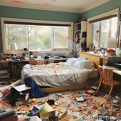 Large mess in the bedroom, broken scattered things, rubbish in the room, unmade bed, dirty walls, Stock Photo