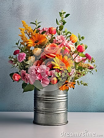 Large metal can, such as tin or an aluminum pot, is filled with various flowers. The arrangement includes several Stock Photo