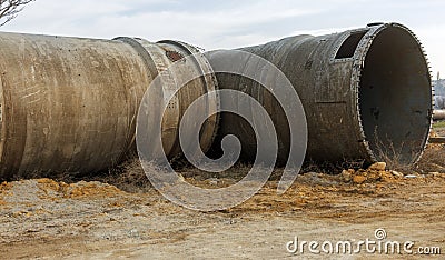 Large metal stainless steel overpass pipe for aggressive environments. Construction of a large industrial trunk overpass Stock Photo