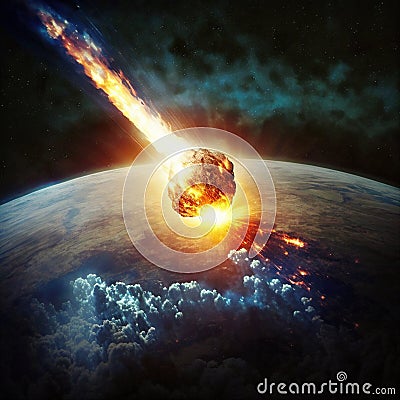 A large Meteor burning and glowing as it hits the earth's atmosphere. Stock Photo