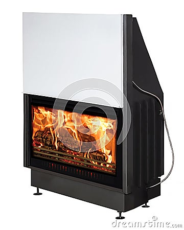 Large Modern Burning Fireplace isolated on White Background Stock Photo