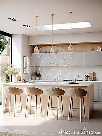 Large, modern kitchen with an island in center. There are four bar stools placed around island Stock Photo