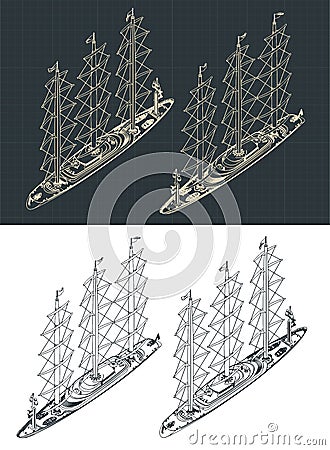 Large modern sailing ship isometric drawings with the sails down Vector Illustration