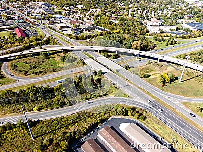 large multi-level road junction in the city of Leesburg, Virginia. View from a drone on a sunny day Stock Photo