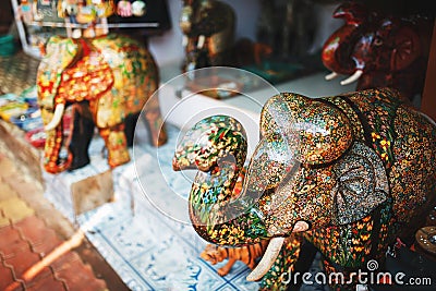 Large multicolored elephant souvenir stone with a trunk, in the Indian market Stock Photo
