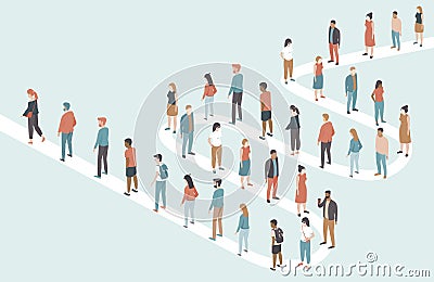 Large multiracial multiethnic group of people standing in long queues Vector Illustration