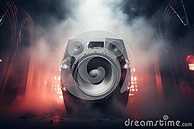 Large music speaker, color smoke and neon lights Stock Photo