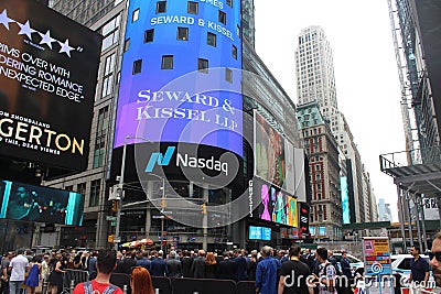 NASDAQ AND SEWARD & KISSEL LLP AT TIME SQUARE IN NEW YORK CITY USA Editorial Stock Photo