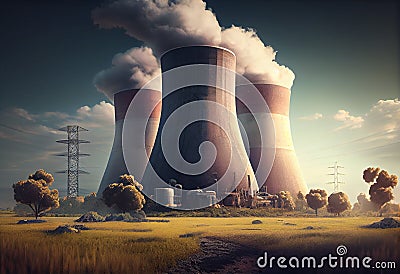 large nuclear power plant building Cartoon Illustration