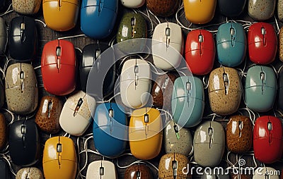 A large number of bright colored wired computer mice on a dark background. many computer mice pattern. online work concept Stock Photo