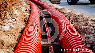 Large number of electric and high-speed Internet Network cables in red corrugated pipe on the street covered with Stock Photo