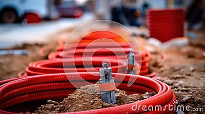 Large number of electric and high-speed Internet Network cables in red corrugated pipe on the street covered with Stock Photo