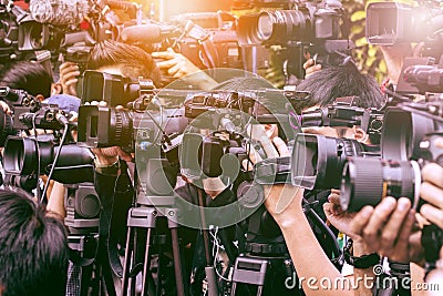Large number of press and media reporter in broadcasting event Stock Photo
