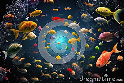 large number of small bright aquarium fish in space Stock Photo