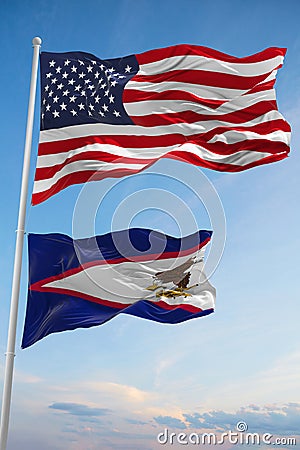 Large official Flag of US with smaller flag of American Samoa state, Usa at cloudy sky background. United states of America Cartoon Illustration