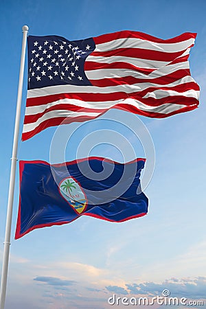 Large official Flag of US with smaller flag of Guam state, Usa at cloudy sky background. United states of America patriotic Cartoon Illustration