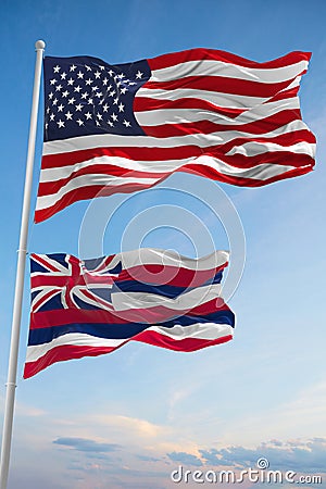 Large official Flag of US with smaller flag of Hawaii state, Usa at cloudy sky background. United states of America patriotic Cartoon Illustration