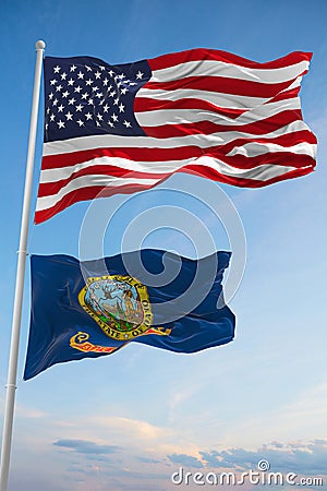 Large official Flag of US with smaller flag of Idaho state, Usa at cloudy sky background. United states of America patriotic Cartoon Illustration