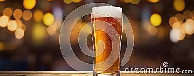 Large Oktoberfest beer in a mug on a wood table, panoramic view. Generative AI Stock Photo