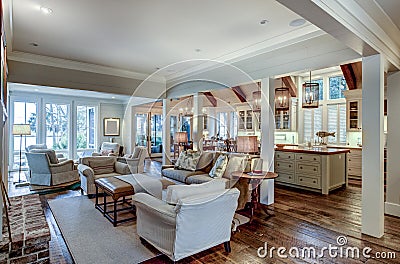 Large open concept home interior with living room, kitchen, and dining room Stock Photo