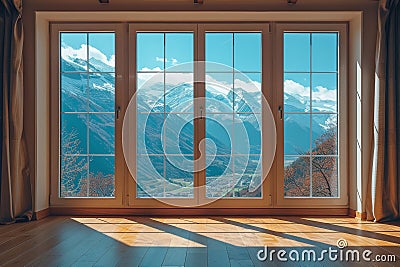 A large open window with a view of a field and a tree Stock Photo