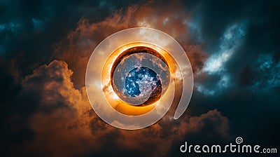 A large orange ball in the sky with clouds around it, AI Stock Photo