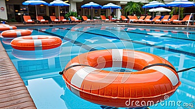 Large orange lifebuoys rest in the wild in the pool Stock Photo