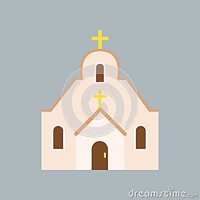 Large Orthodox cathedral. House of God. Catholic church with arched windows and golden cross on roof. Religious Vector Illustration