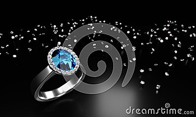 The large oval blue diamond is surrounded by many diamonds on the ring made of platinum gold placed on a white background. 3d Stock Photo