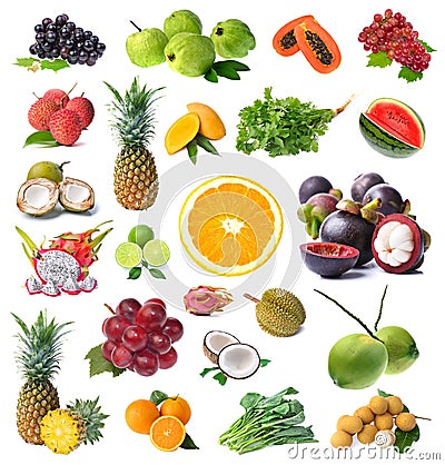 Large page of fruits and vegetable isolated on white background Stock Photo