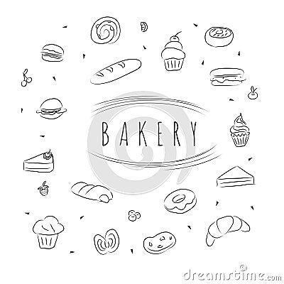 Large page of variety bakery with black lineon white background drawing illustrations Cartoon Illustration