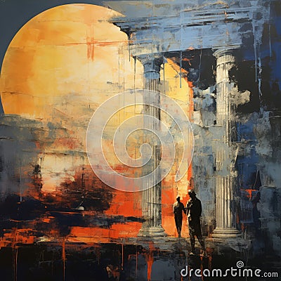 Moonlit Urban Romance: Ethereal Neoclassical Oil Painting Stock Photo