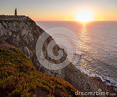 Large panoramic view on amazing sunset at Cabo da Roca (Cape Roca Stock Photo