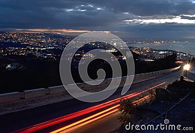 Large panoramic view by night of Beyrouth, Dora, Zalka until Zouk Mikael in front of the mediterranean sea in Lebanon Stock Photo