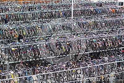 Large parking Bicycle in Delft near train station. Holland city-bike life. Stock Photo