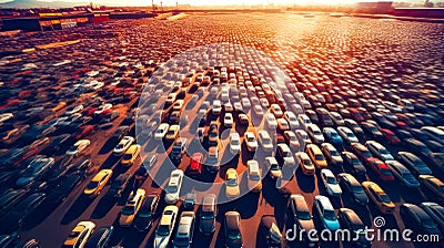 Large parking lot filled with lots of parked cars on top of sandy beach. Generative AI Stock Photo