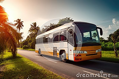 A large passenger bus on an asphalt road against the backdrop of nature. Generative ai Stock Photo